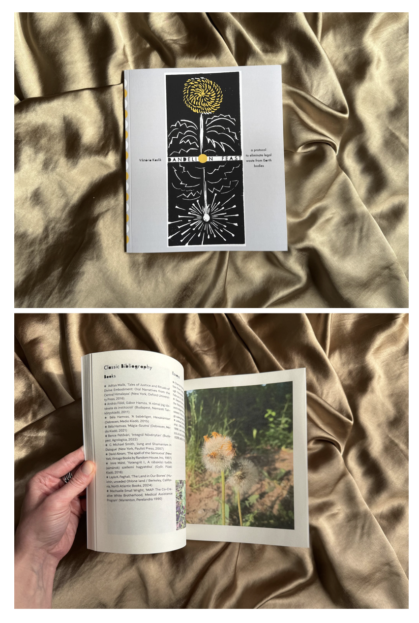 The printed Dandelion Feast booklet with its linocut dandelion cover, and an interior spread showing the bibliography.